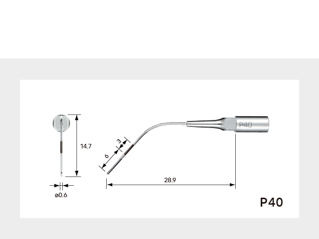 図3: プローブのように先端から6mm幅と3mm幅にとカラーコードが付いており、直径0.6mmと細く、しなるのでポケット内に挿入し易い。筆者は、先端から2方向に水が出る所がとても気に入っている。